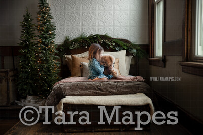 Christmas Bed - Christmas Morning - Whimsical Cozy Christmas Holiday Digital Background Backdrop