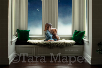 Bay Window Seat Whimsical Scene  - Large Vintage Window Seat Painterly Style Cozy Christmas Holiday Digital Background Backdrop