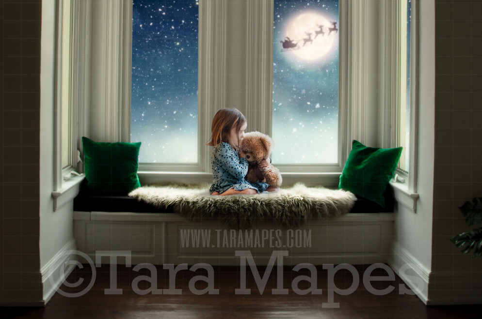 Victorian Christmas Window Seat Whimsical Scene  - Santa in Moon at Magical Bay Window Painterly Style Cozy Christmas Holiday Digital Background Backdrop