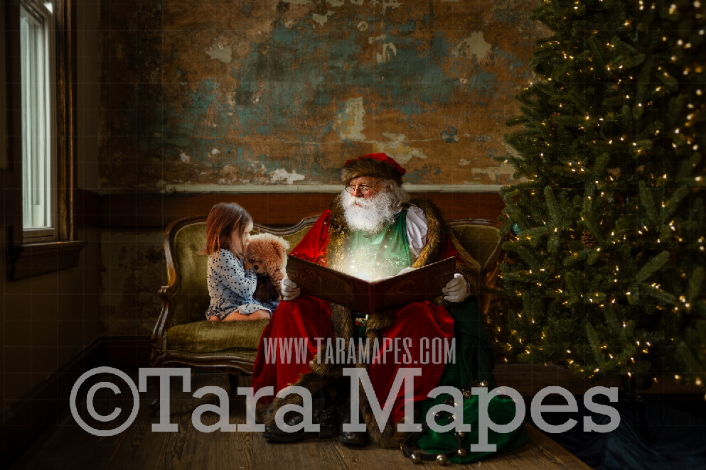 Victorian Santa Reading Magic Book on Loveseat - Santa Reading Book on Couch - Cozy Christmas Holiday Digital Background Backdrop
