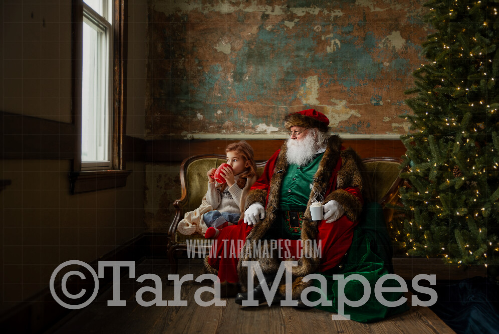 Victorian Santa with Hot Chocolate on Loveseat - Santa Sitting on Couch - Cozy Christmas Holiday Digital Background Backdrop
