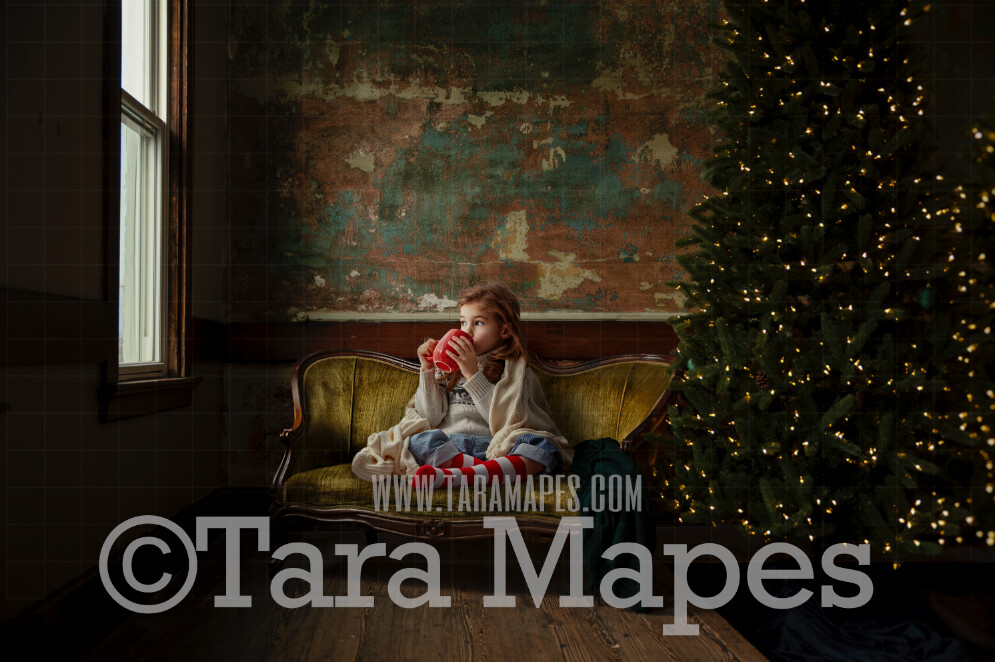 Victorian Loveseat by Christmas Tree - Vintage Christmas Couch - Cozy Christmas Holiday Digital Background Backdrop