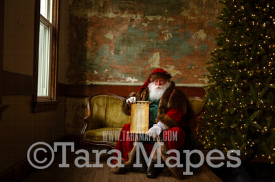 Victorian Santa with Scroll Good List - Santa Sitting on Vintage Couch - Cozy Christmas Holiday Digital Background Backdrop