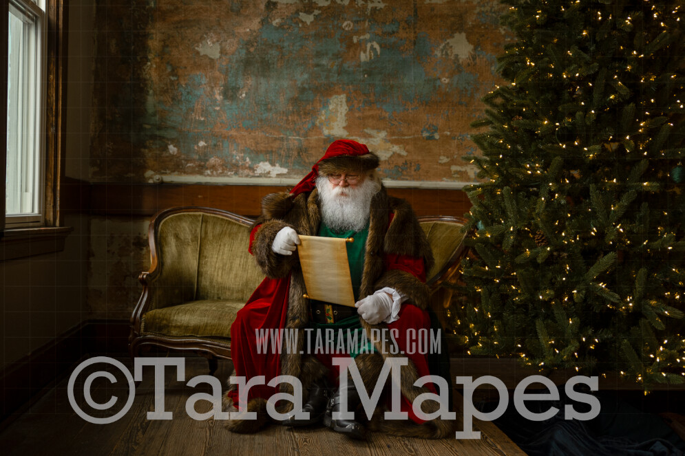 Victorian Santa with Scroll Good List Looking Down- Santa Sitting on Vintage Couch - Cozy Christmas Holiday Digital Background Backdrop