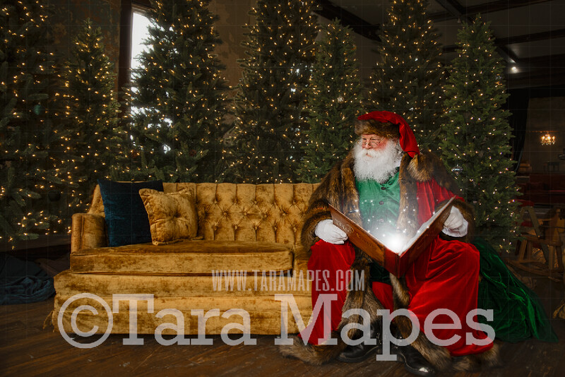Victorian Santa on Big Couch with Magic Book  - Santa Reading on Couch- Cozy Christmas Holiday Digital Background Backdrop