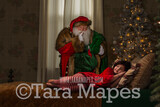 Victorian Santa Behind Bed Saying SHhhh- Santa in Bedroom- Cozy Christmas Holiday Digital Background Backdrop