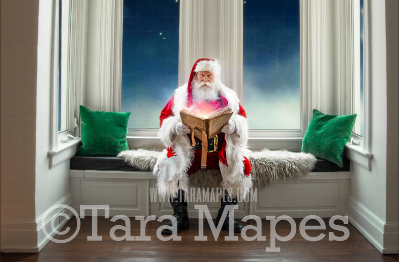 Traditional Santa Window Seat Whimsical Scene  - Santa at Magical Bay Window Painterly Style Cozy Christmas Holiday Digital Background Backdrop