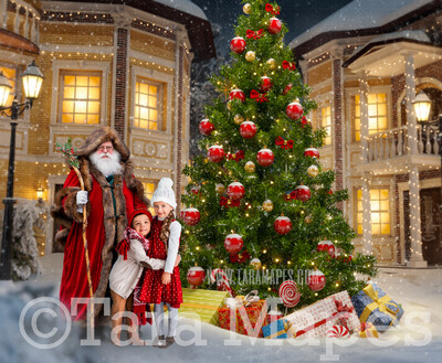 Victorian Santa in Christmas Town- Santa in Village- North Pole Cozy Christmas Holiday Digital Background Backdrop