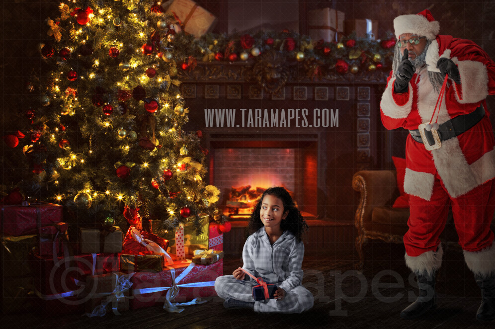 Black Santa Surprise - Santa Behind Tree - Santa by Christmas Tree - Holiday Christmas Digital Background / Backdrop