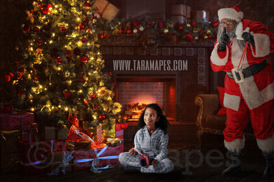 Black Santa Surprise - Santa Behind Tree - Santa by Christmas Tree - Holiday Christmas Digital Background / Backdrop