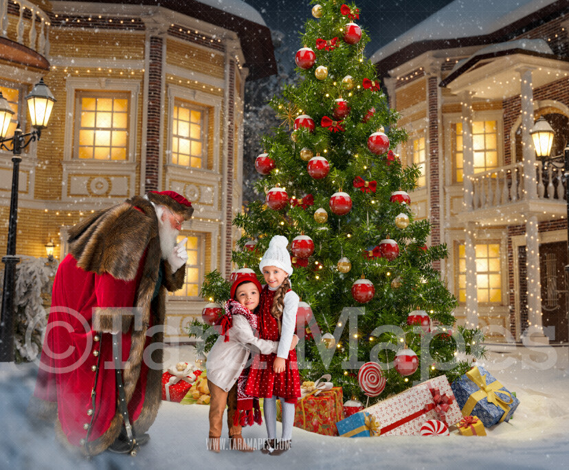 Victorian Santa in Christmas Town Saying Shh- Santa in Village- North Pole Cozy Christmas Holiday Digital Background Backdrop