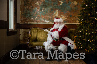 Vintage Santa with Dog Bone Up on Loveseat - Santa Sitting on Vintage Couch - Cozy Christmas Holiday Digital Background Backdrop