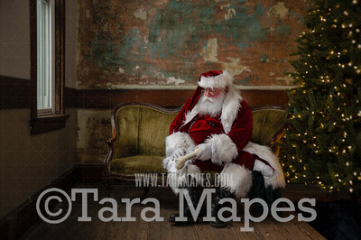 Vintage Santa with Dog Bone on Loveseat - Santa Sitting on Vintage Couch - Cozy Christmas Holiday Digital Background Backdrop
