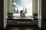 Winter Window - Bay Window Seat Snowy Pines  -  Magical Window Seat Cozy Christmas Holiday Digital Background Backdrop