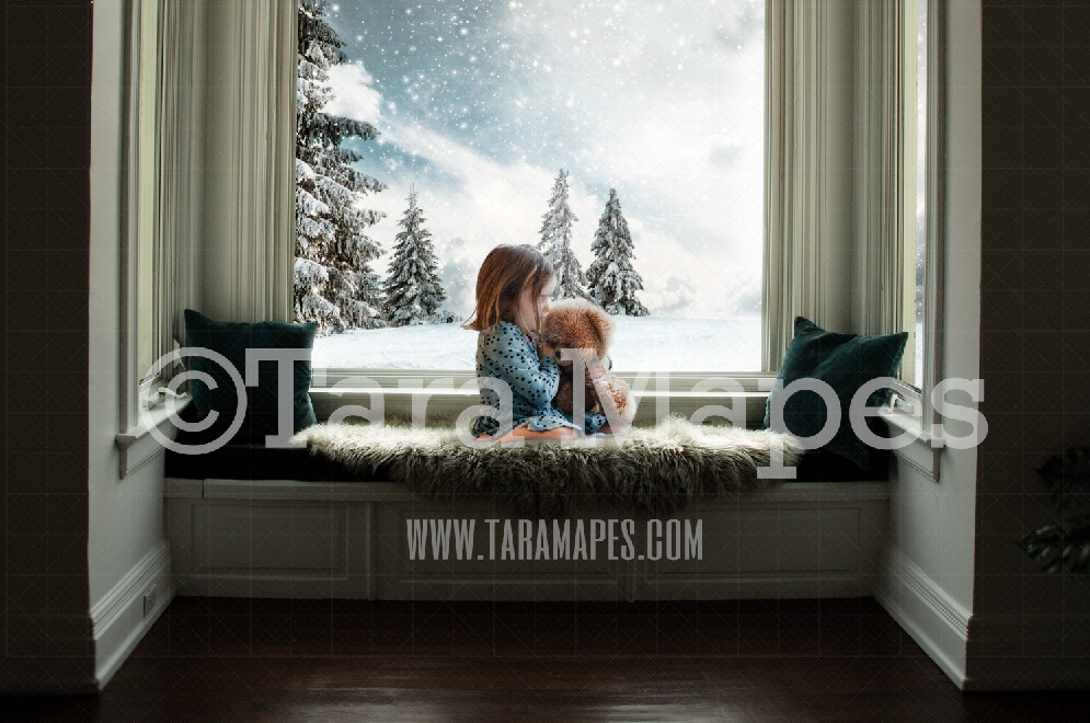 Winter Window - Bay Window Seat Snowy Pines - Magical Window Seat Cozy Christmas Holiday Digital Background Backdrop
