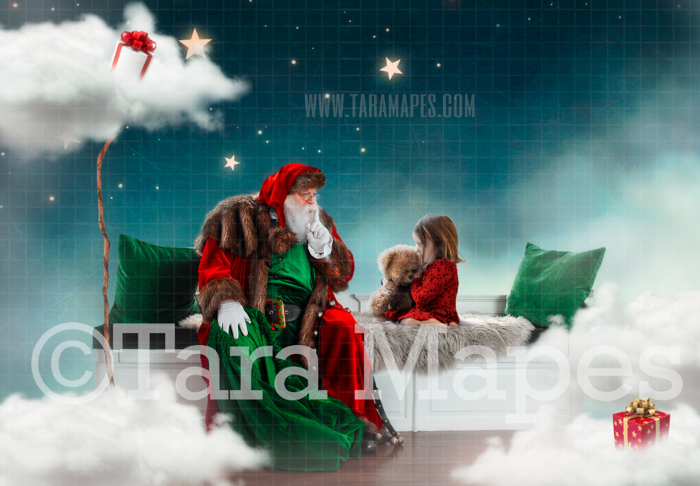 Magic Christmas Night - Santa in Clouds and Stars - Whimsical scene FREE PAINTERLY TEXTURE  Christmas Holiday Digital Background Backdrop