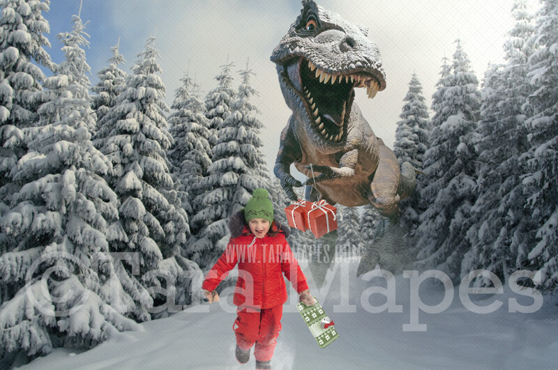 Dino Chase Christmas - Christmas Dinosaur - Funny T-Rex Tyrannosaurus Rex with Christmas Present - Chase Holiday Funny Digital Background Backdrop