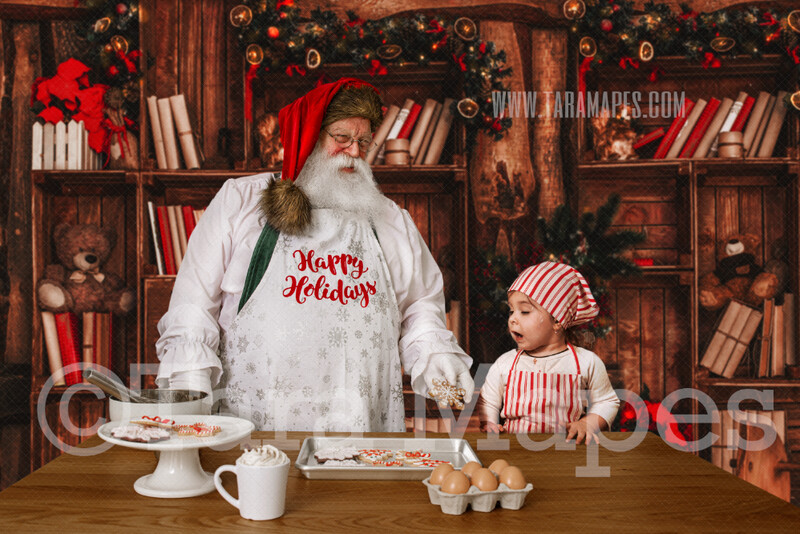 Victorian Santa in Kitchen with Apron - Baking Cookies with Santa  Christmas Kitchen with Santa JPG - Christmas Holiday Digital Background Backdrop