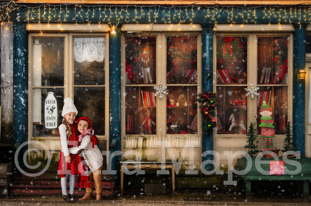 Christmas Toy Shop - Old Shoppe in Christmas Town- Holiday Christmas Street - FREE SNOW OVERLAY - Christmas Town Winter Wonderland - Storefront Digital Background