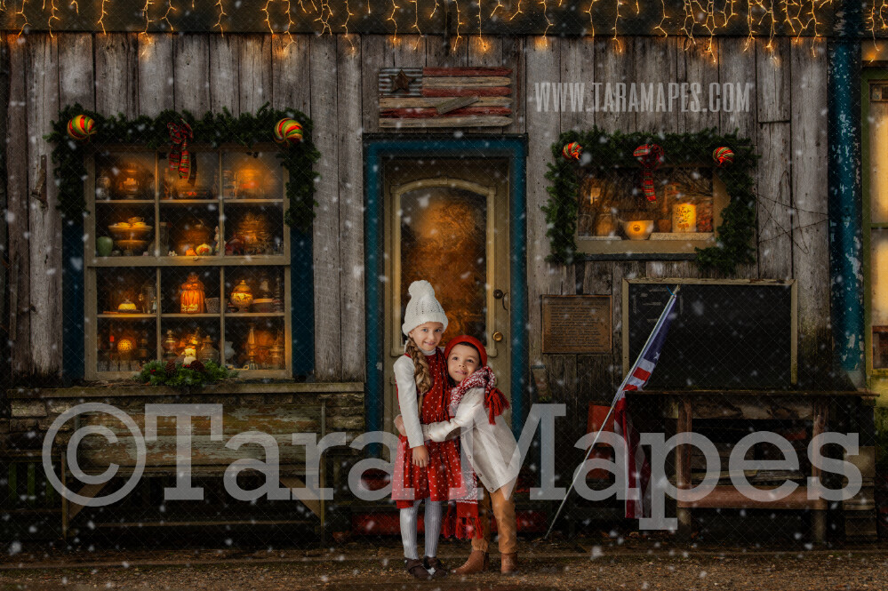 Christmas Shoppe in Christmas Town- Holiday Christmas Street - Christmas Town Winter Wonderland Storefront- FREE SNOW OVERLAY included - Scene for Portraits Digital Background