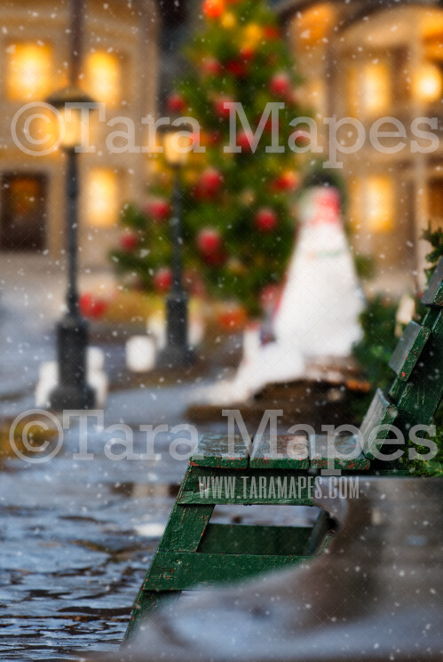 Christmas Bench Christmas Town- Holiday Christmas Street - Christmas Town Winter Wonderland FREE snow overlay included - Scene for Portraits Digital Background