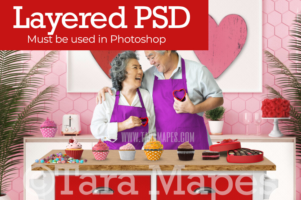 Valentine Kitchen - Baking Valentine Treats - LAYERED PSD - Couples Love Anniversary Valentine's Day Digital Background / Backdrop