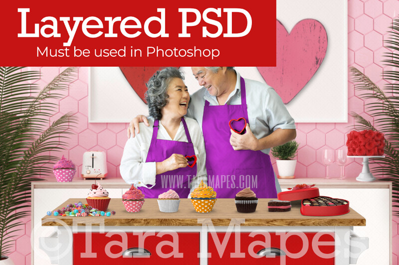 Valentine Kitchen - Baking Valentine Treats - LAYERED PSD - Couples Love Anniversary Valentine&#39;s Day Digital Background / Backdrop