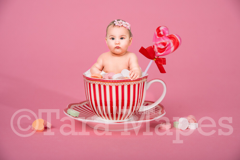 Valentine Digital Background - Candy Cup of Sweet Hearts - Tea Cup Mug Newborn Sitter Digital Background Valentine&#39;s Day -Digital Background / Backdrop