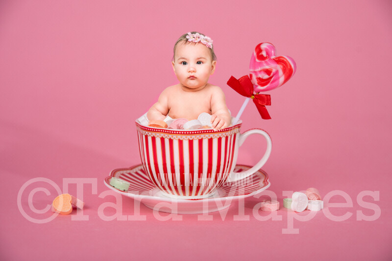 Valentine Digital Background - Candy Cup of Sweet Hearts - Tea Cup Mug Newborn Sitter Digital Background Valentine's Day -Digital Background / Backdrop