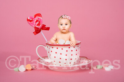 Valentine Digital Background - Polka Dot Candy Cup of Sweet Hearts - Tea Cup Mug Newborn Sitter Digital Background Valentine&#39;s Day -Digital Background / Backdrop