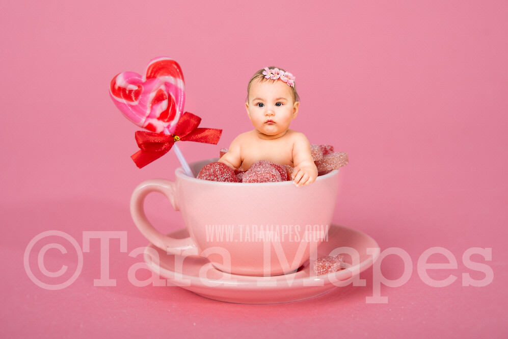 Valentine Digital Background - Pink Candy Cup of Gummy Hearts - Tea Cup Mug Newborn Sitter Digital Background Valentine's Day -Digital Background / Backdrop