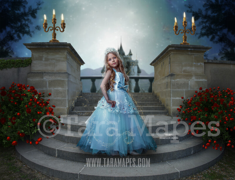 Princess Castle Staircase on Bright Night - Round Castle Stairs with Castle in Background - Fairytale Moonlight Castle - Digital Background Backdrop Photoshop