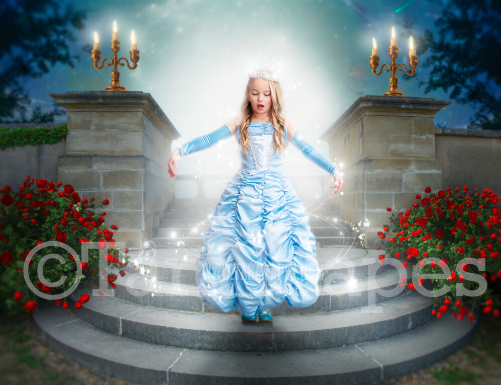 Princess Castle Staircase on Bright Night - Round Castle Stairs with Magical Sky - Fairytale Castle Stairs - Digital Background Backdrop Photoshop