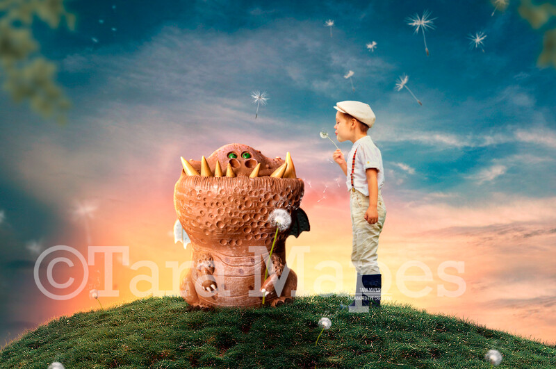 Baby Dragon on a Dandelion Hill- Dragon Magic- Magical Dragon  Digital Background / Backdrop