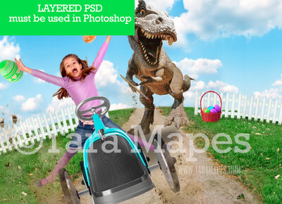 Easter Egg Thief- Dino Chasing Car on a Hill - T-Rex Easter Dino Whimsical Digital Background LAYERED PSD - Tara Mapes