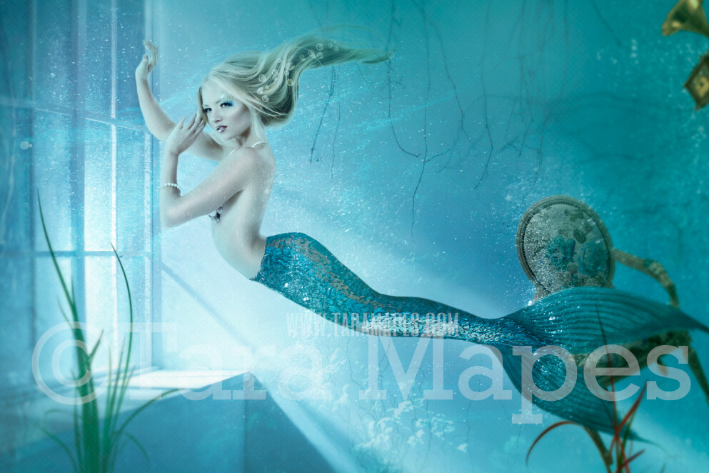 Mermaid Room - Magical Mermaid in Underwater Room - Layered PSD Mermaid Digital Background Backdrop - Separate Element Layers -Tail Layer is Separate