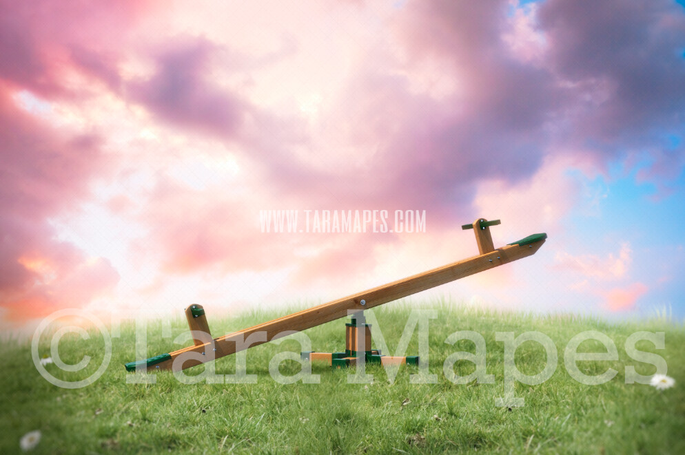 Seesaw on Hill- Whimsical Scene with Beautiful sky - Teeter Totter- Spring Background - JPG Digital Background / Backdrop