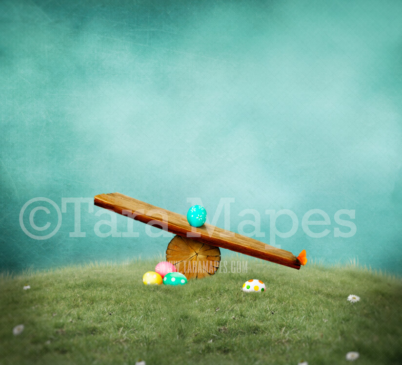 Easter Seesaw Scrapbook Style- Whimsical Scene with Easter Eggs and Textured Sky - Teeter Totter- Easter Spring Background - JPG Digital Background / Backdrop