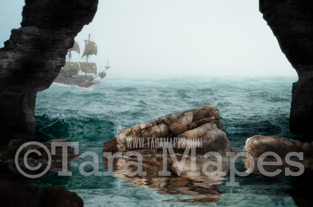 Sea Cave - Stormy Foggy Ocean with Old Pirate Ship - JPG File Digital Background