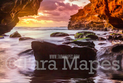Sea Cave -Mermaid Rock - Beautiful Ocean Sunset - JPG File Digital Background