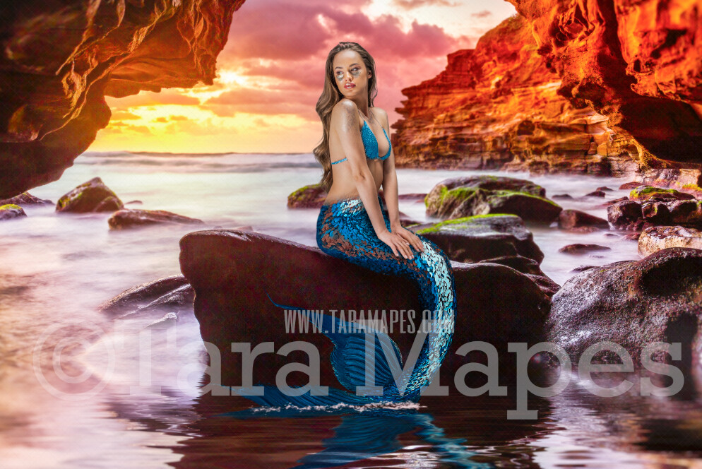 Sea Cave -Mermaid Rock with Mermaid Tail- Stormy Foggy Ocean with Old Pirate Ship - JPG File Digital Background