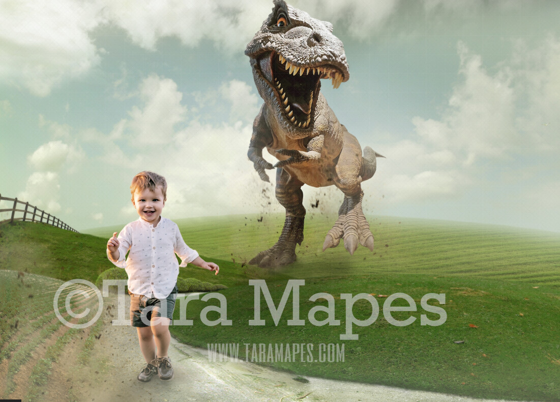 Dinosaur T-Rex Chase on Dirt Road - Tyrannosaurus Funny Digital Background - JPG by Tara Mapes