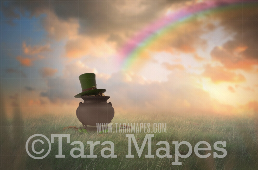 St. Patrick's Day - St Patrick Pot of Gold in Soft Pastel Field- Gold at the End of a Rainbow - Digital Background