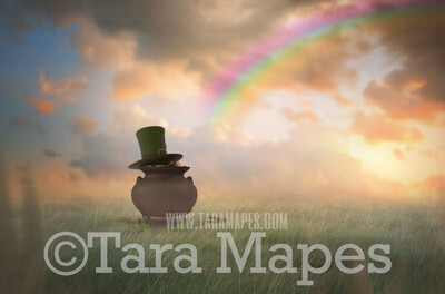 St. Patrick&#39;s Day - St Patrick Pot of Gold in Soft Pastel Field- Gold at the End of a Rainbow - Digital Background