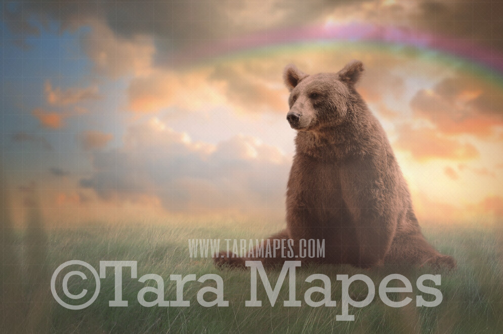 Painterly Bear in Soft Pastel Field- Unicorn in Field with Rainbow - JPG file Digital Background