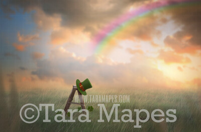 St. Patrick&#39;s Day - Saint Patrick Leprechaun Hat on Ladder in Soft Pastel Field- At the End of a Rainbow - Digital Background