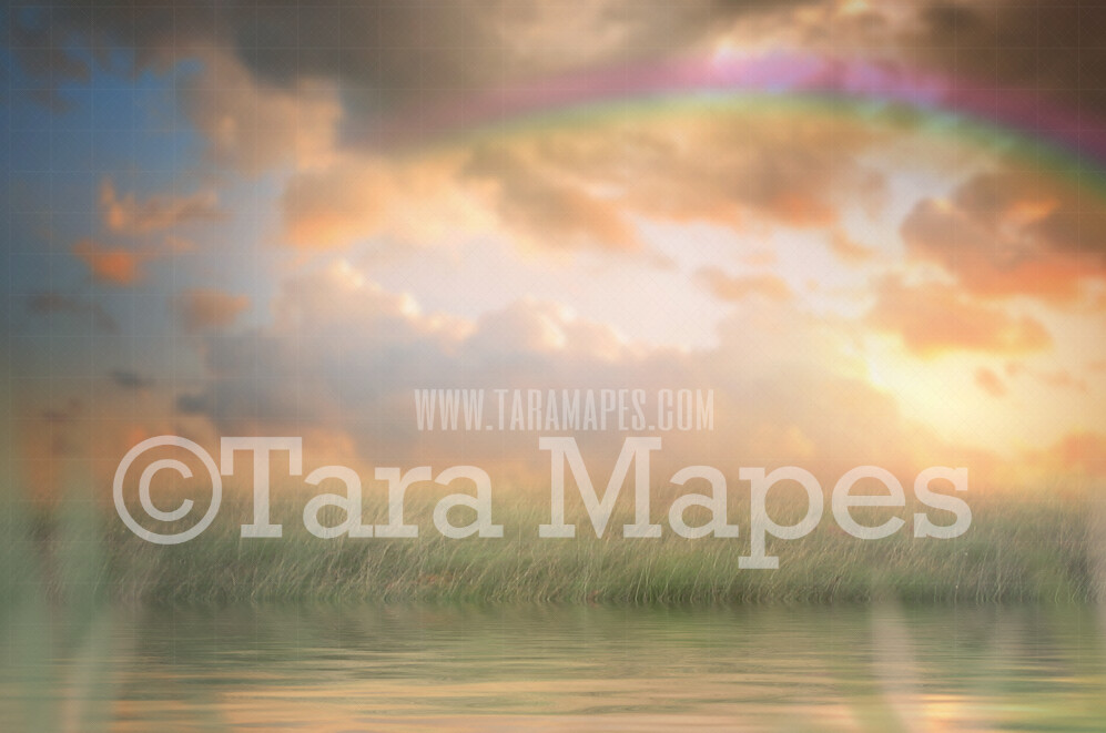 Soft Pastel Field by Lake- Pond in Field with Rainbow - JPG file Creamy Whimsical Digital Background