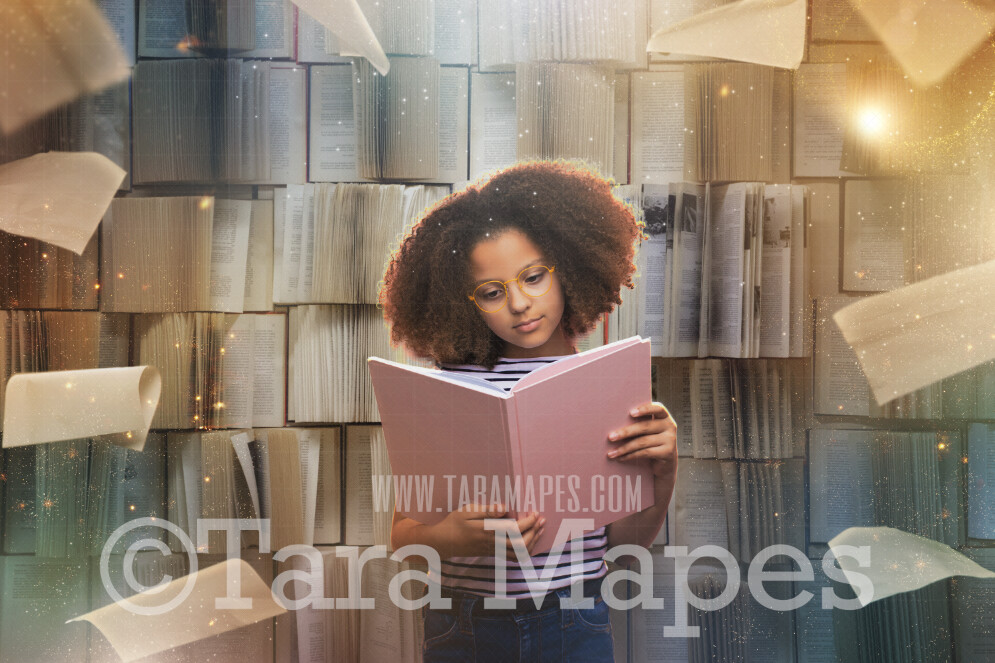 Magical Book Wall - Magical World - Book Lover- Flying Papers in Library World Book Day Book Lover JPG - Digital Background