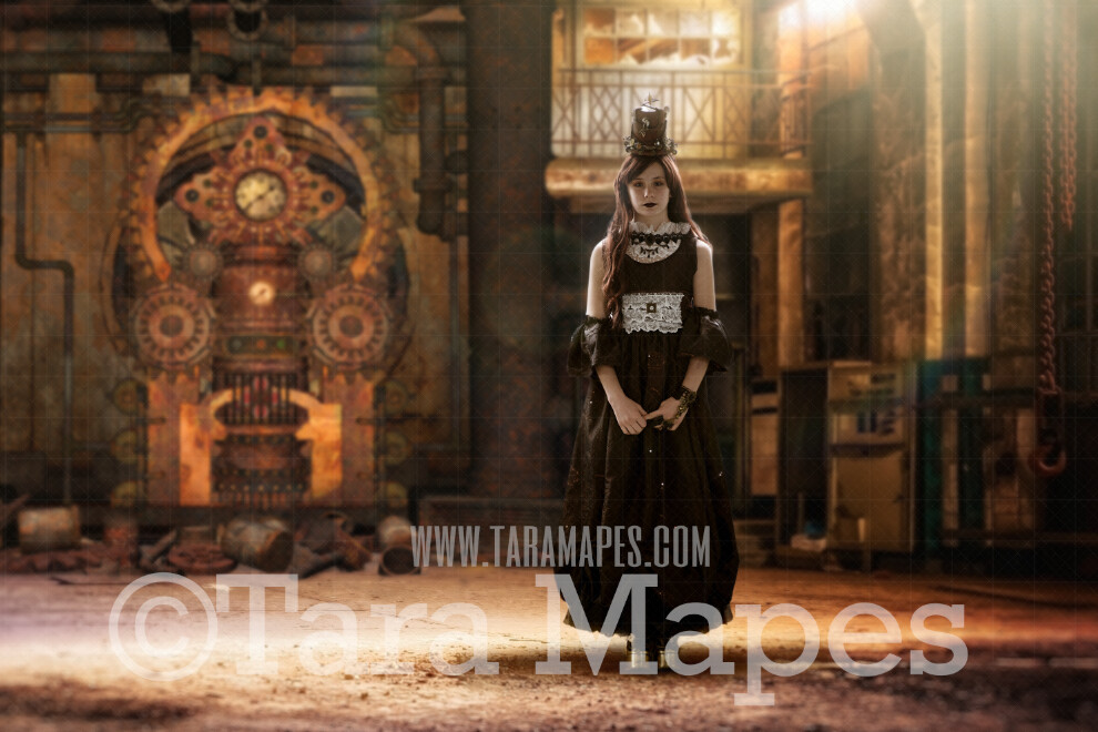 Steampunk Digital Background (JPG FILE)- Abandoned Warehouse with Gear Wall - Grunge Steam Punk Digital Background