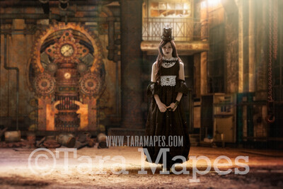 Steampunk Digital Background (JPG FILE)- Abandoned Warehouse with Gear Wall - Grunge Steam Punk Digital Background